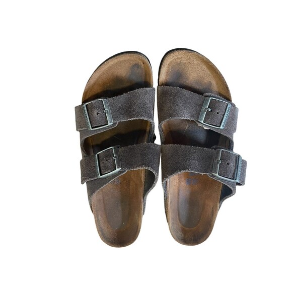 Birkenstock Arizona Sandals Softbed EU 40 260 9 Gray Suede Cork Footbed Slides - Picture 1 of 9
